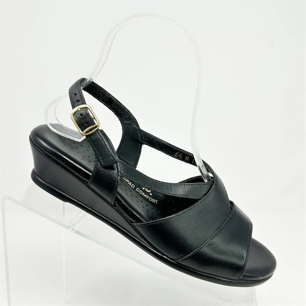 SAS Caress Women's Slingback Wedge Sandals Black Tripad Comfort Size 6.5 M